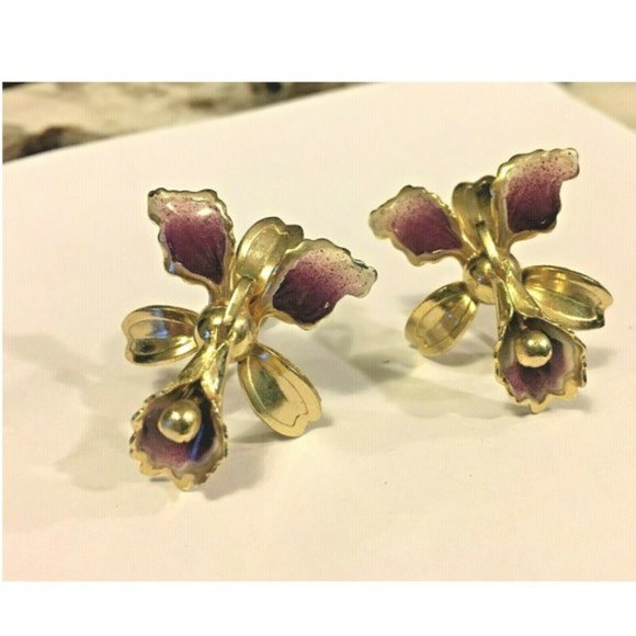 Vintage Orchid Flower Floral Purple Enamel Gold Tone ScrewOn Back Earrings Retro - Picture 4 of 4